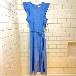 🍓52seven Chambray Romper Flutter sleeve Wide Leg Tie Waist Zipper back Size XL